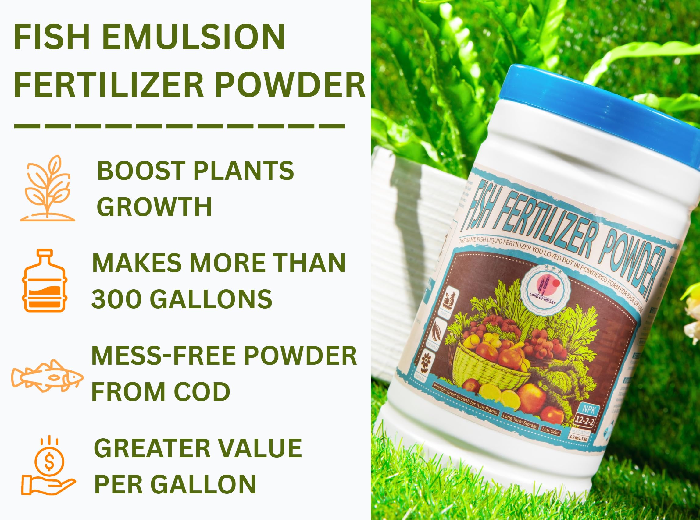 Lord of Millet Fish Emulsion Powder dissolves quickly in water for even feed.