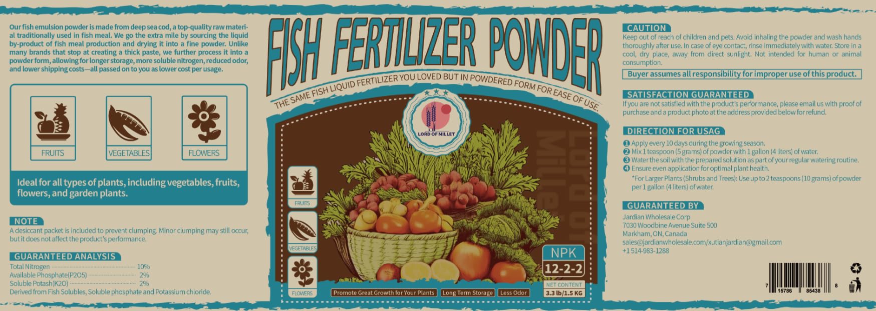 Lord of Millet Fish Emulsion Powder creates low-odor liquid feed during mixing.