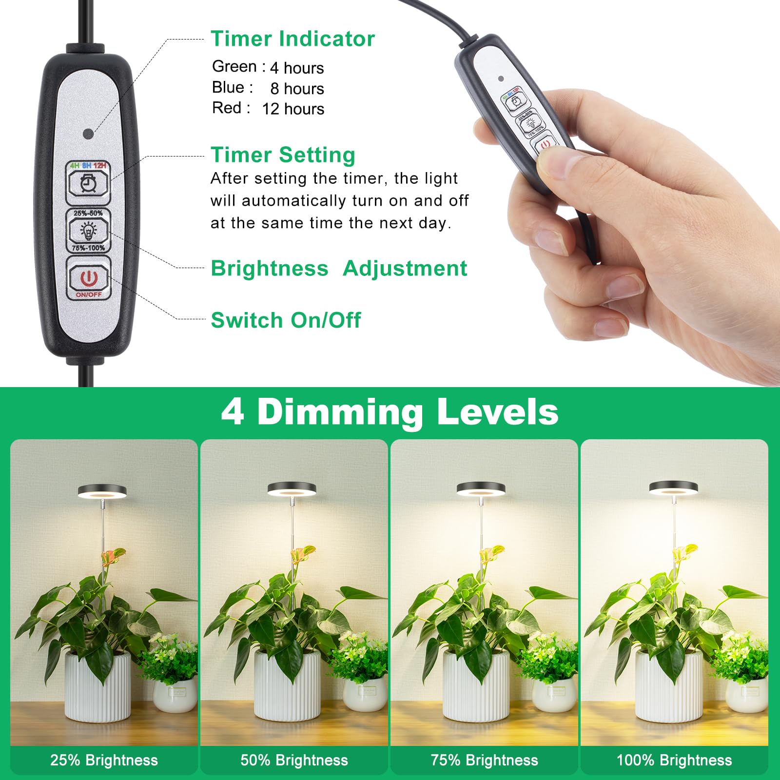 LORDEM four brightness levels let you tailor light to plant needs.