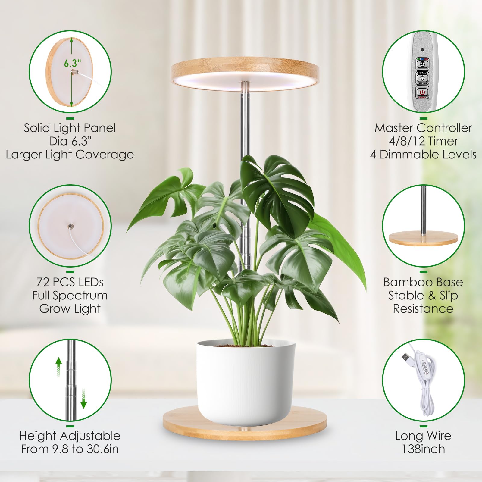 LORDEM Bamboo Grow Light auto timer shows 4H/8H/12H cycles for easy care.
