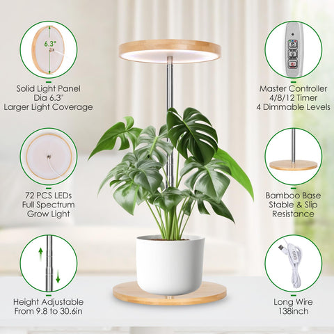 LORDEM Bamboo Grow Light auto timer shows 4H/8H/12H cycles for easy care.