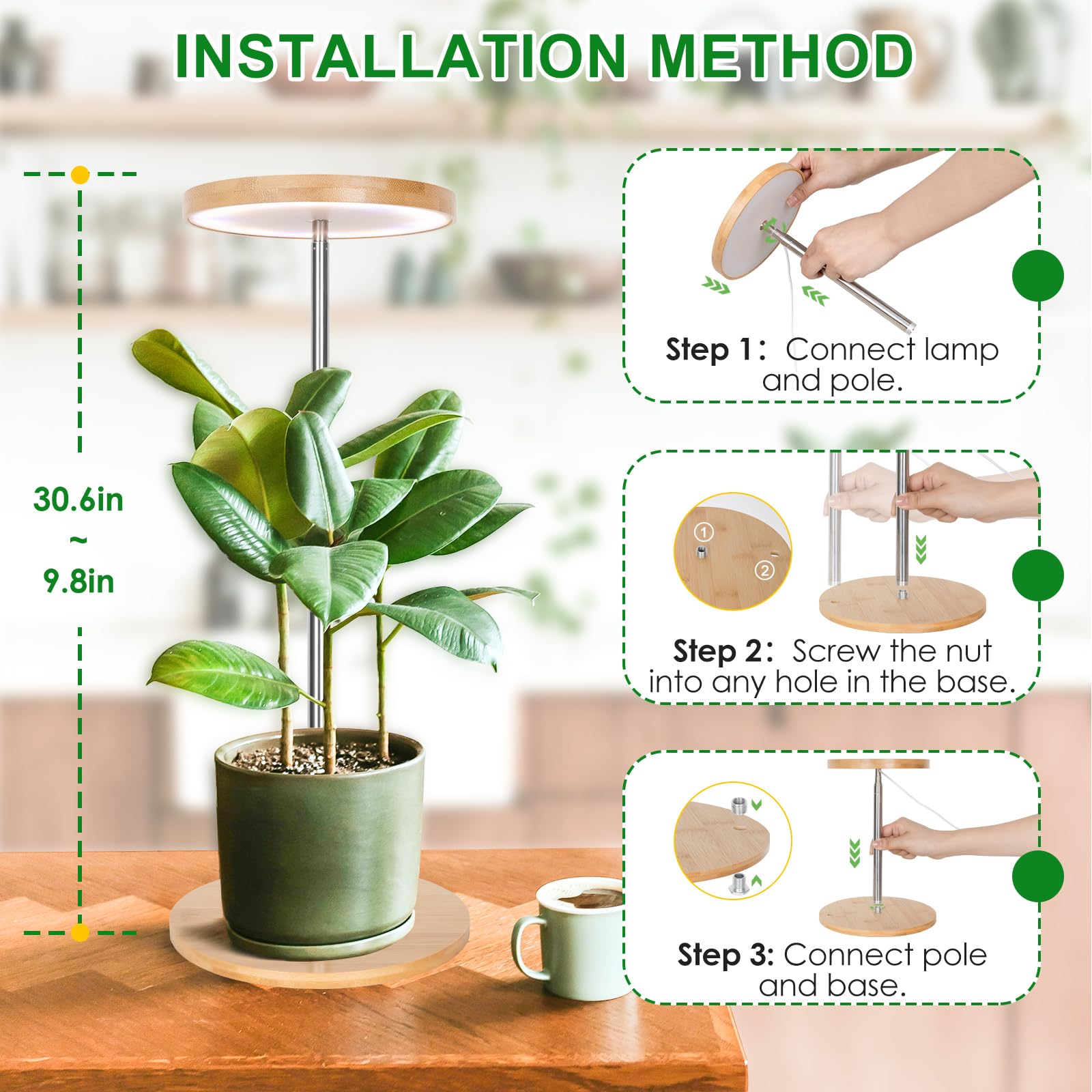 LORDEM Bamboo Grow Light desk-friendly compact design fits tables and shelves.
