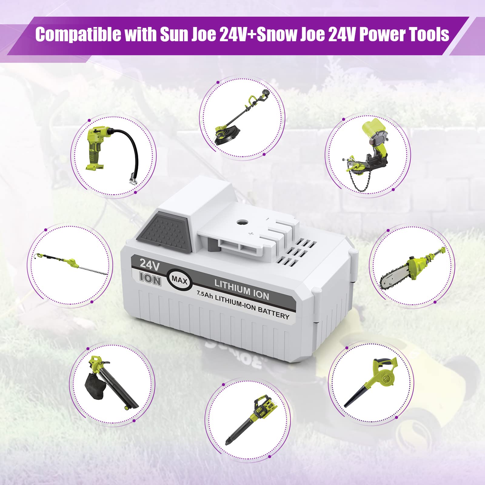 Lordone compatibility with Sun Joe and Snow Joe 24V tools expands versatility.