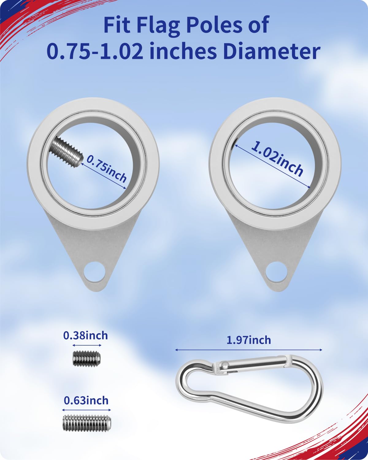 Loretoy adjustable aluminum rings fit 0.75–1.02 inch flagpoles.