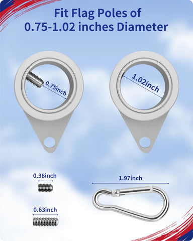 Loretoy adjustable aluminum rings fit 0.75–1.02 inch flagpoles.