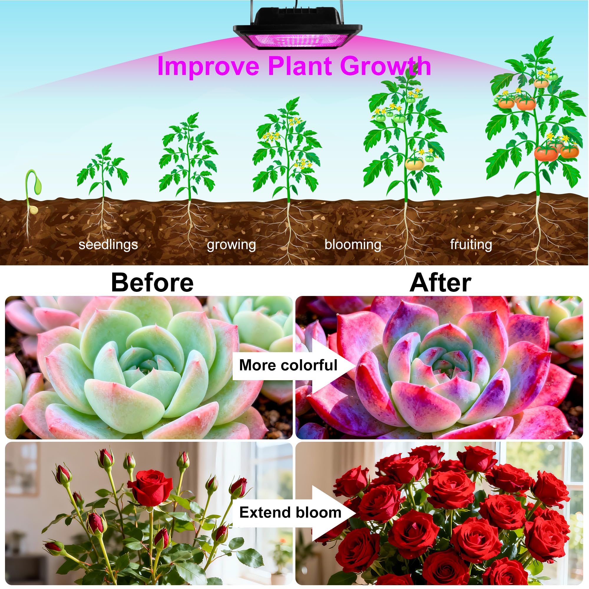 Loscarol solar grow light adjustable brightness tailors lighting for seedlings.