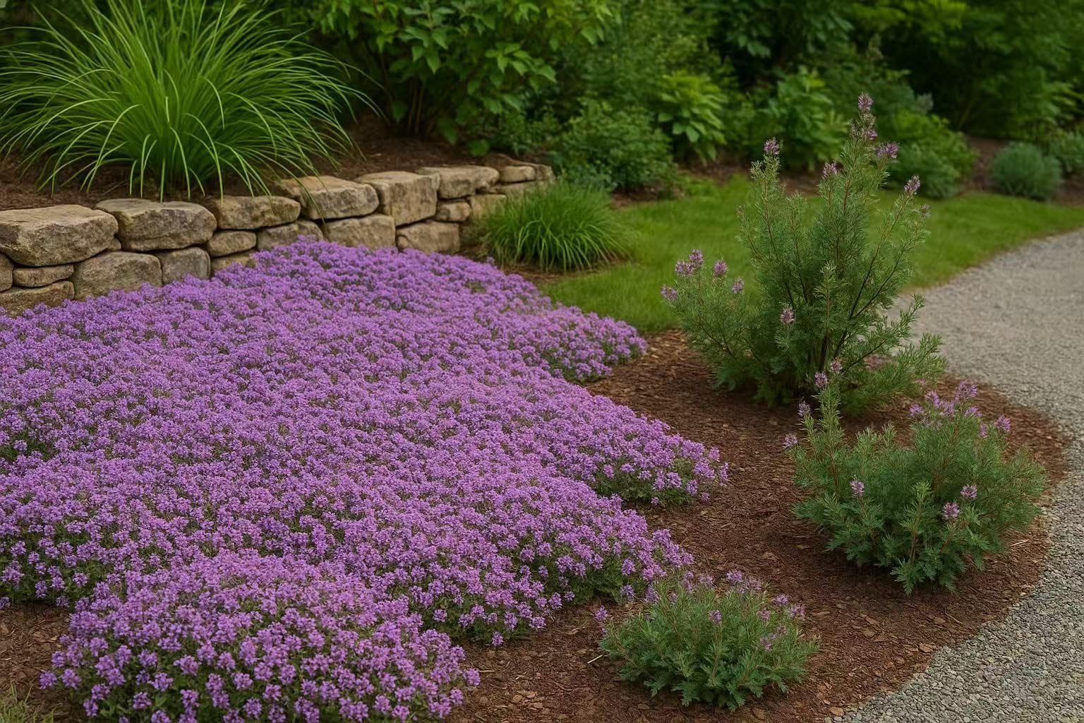 Loseedsoo creeping thyme purple blooms attract bees and butterflies.