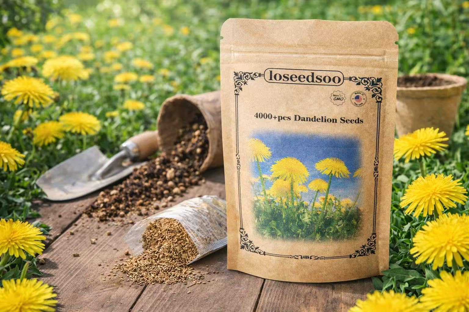 Loseedsoo dandelion seeds open pouch close-up showing freshness packaging.