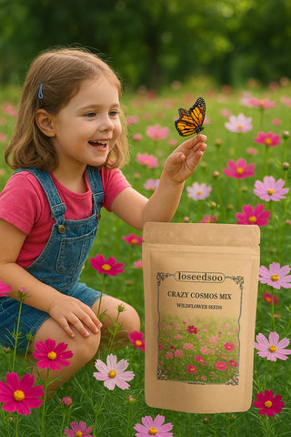 Loseedsoo pollinators-on-cosmos image highlights butterflies attracted to blooms.