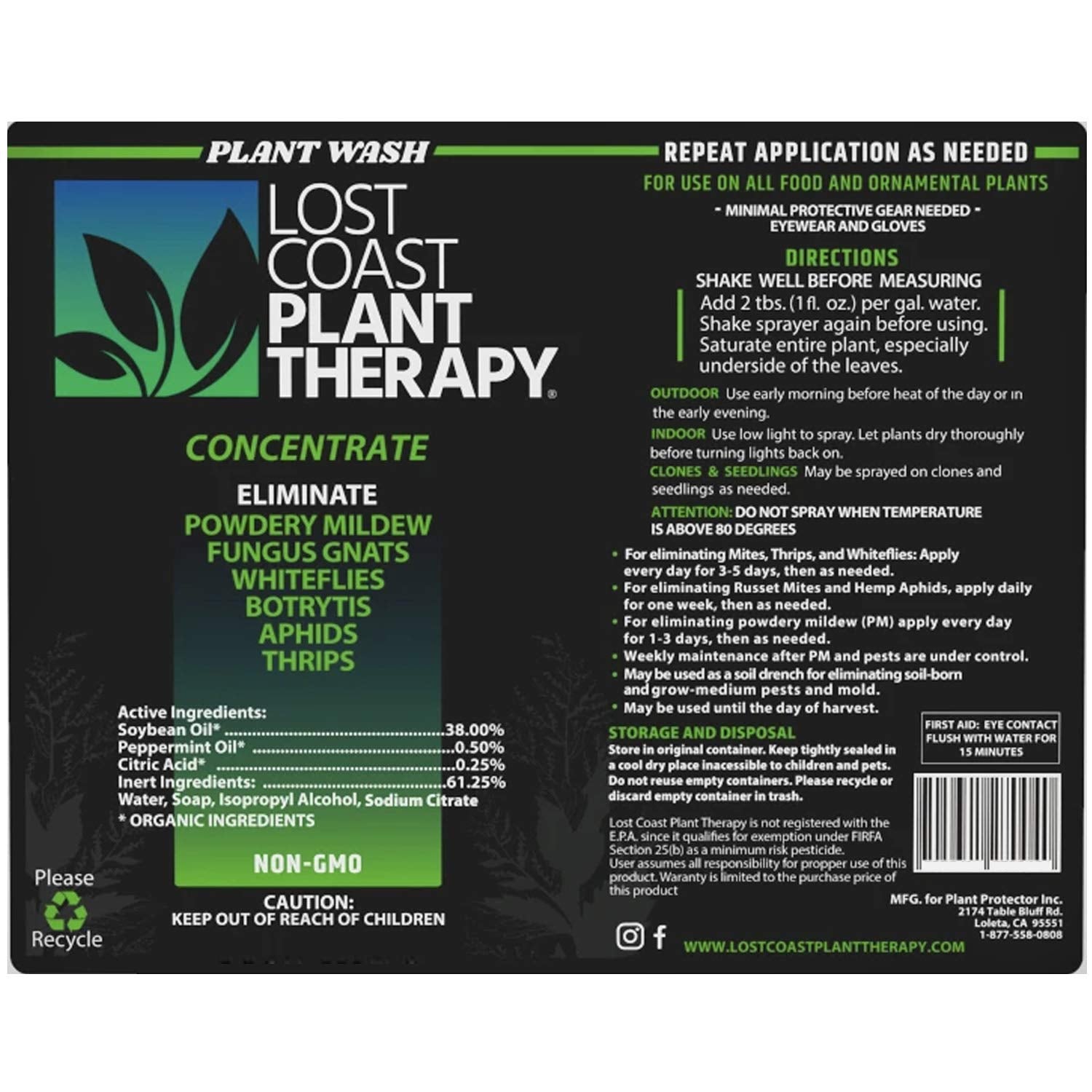 Lost Coast Plant Therapy spray bottle in use for pest control on outdoor plants.