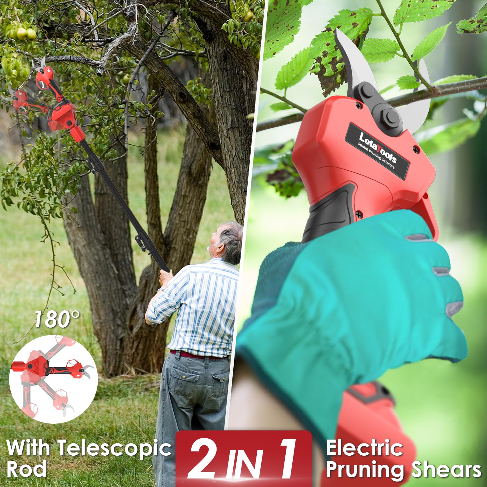 LotaTools brushless motor delivers strong, quiet pruning performance.