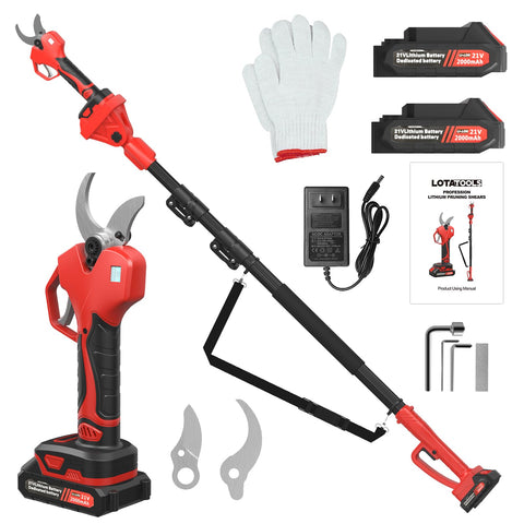 LotaTools electric pruning shears with telescopic rod offer extended reach for tall branches.