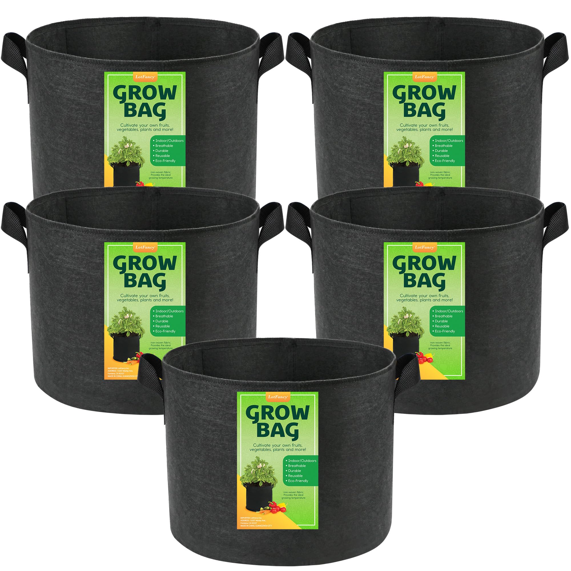 LotFancy 10-gallon grow bag full of soil for vegetable cultivation and root health.