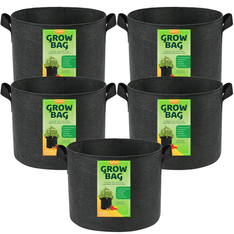 LotFancy 10-gallon grow bag full of soil for vegetable cultivation and root health.
