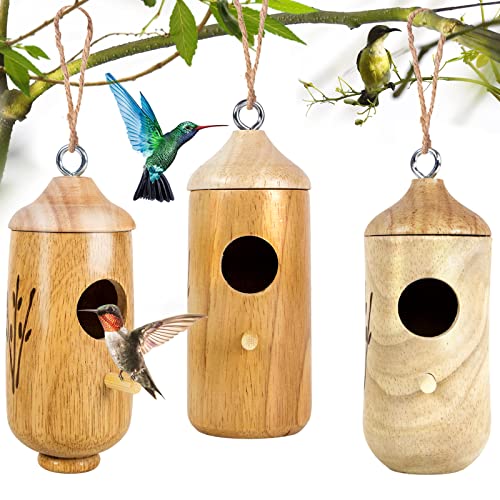 LOTKEY hummingbird house 3-pack in natural wood finish for garden nesting.