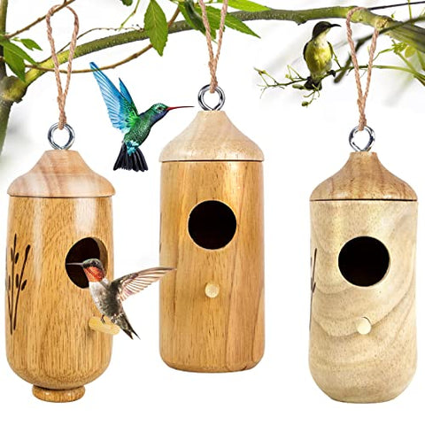 LOTKEY hummingbird house 3-pack in natural wood finish for garden nesting.