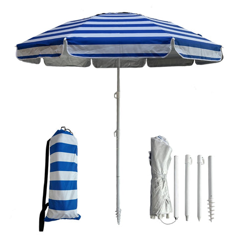 LOTTAFUN 6ft beach umbrella blue strip canopy offers wide shade.