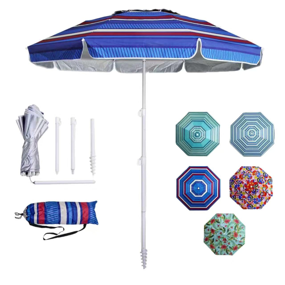 LOTTAFUN 6ft beach umbrella with blue-white striped canopy provides wide shade for sunny beach days.