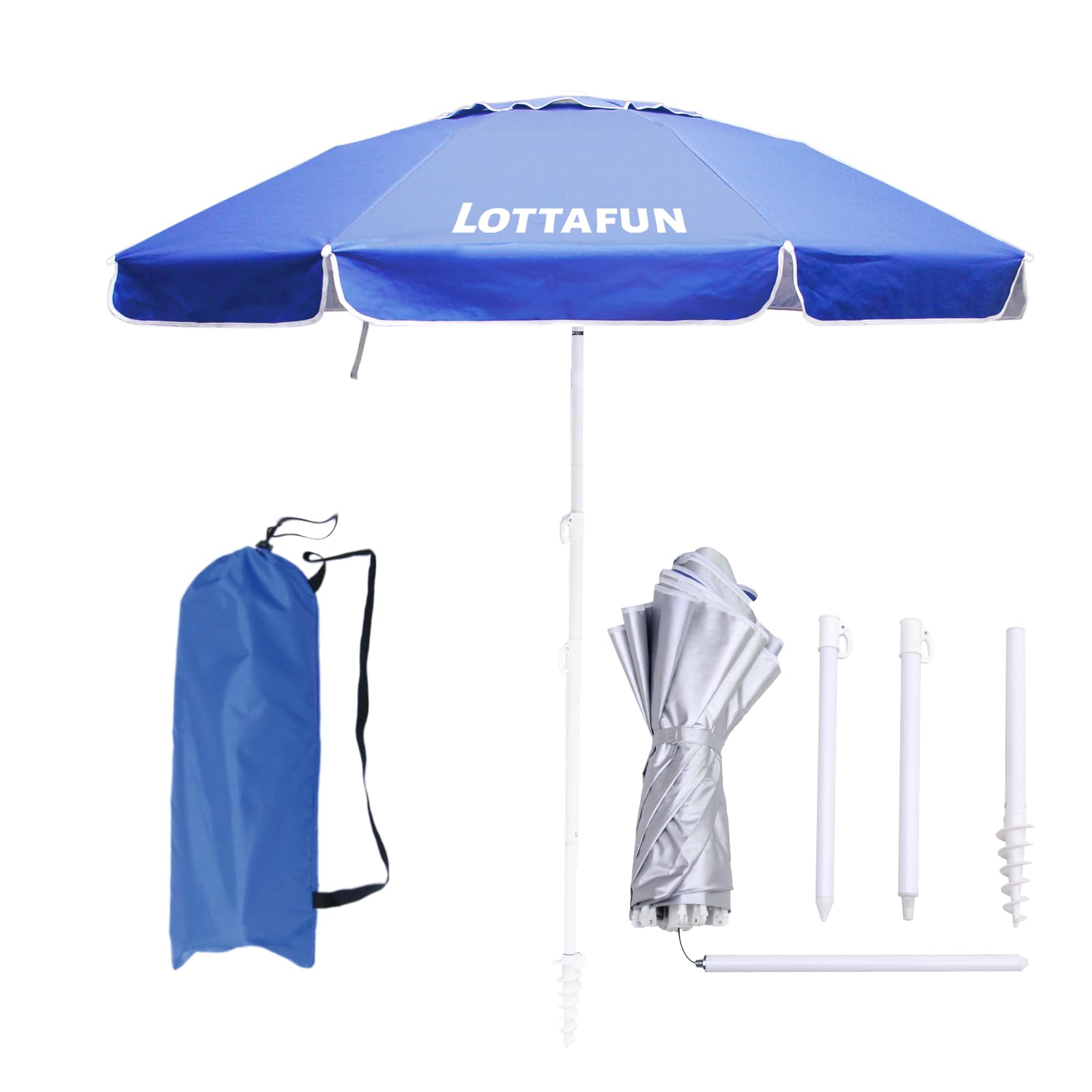LOTTAFUN 6ft beach umbrella canopy provides broad shade on sunny beach days.