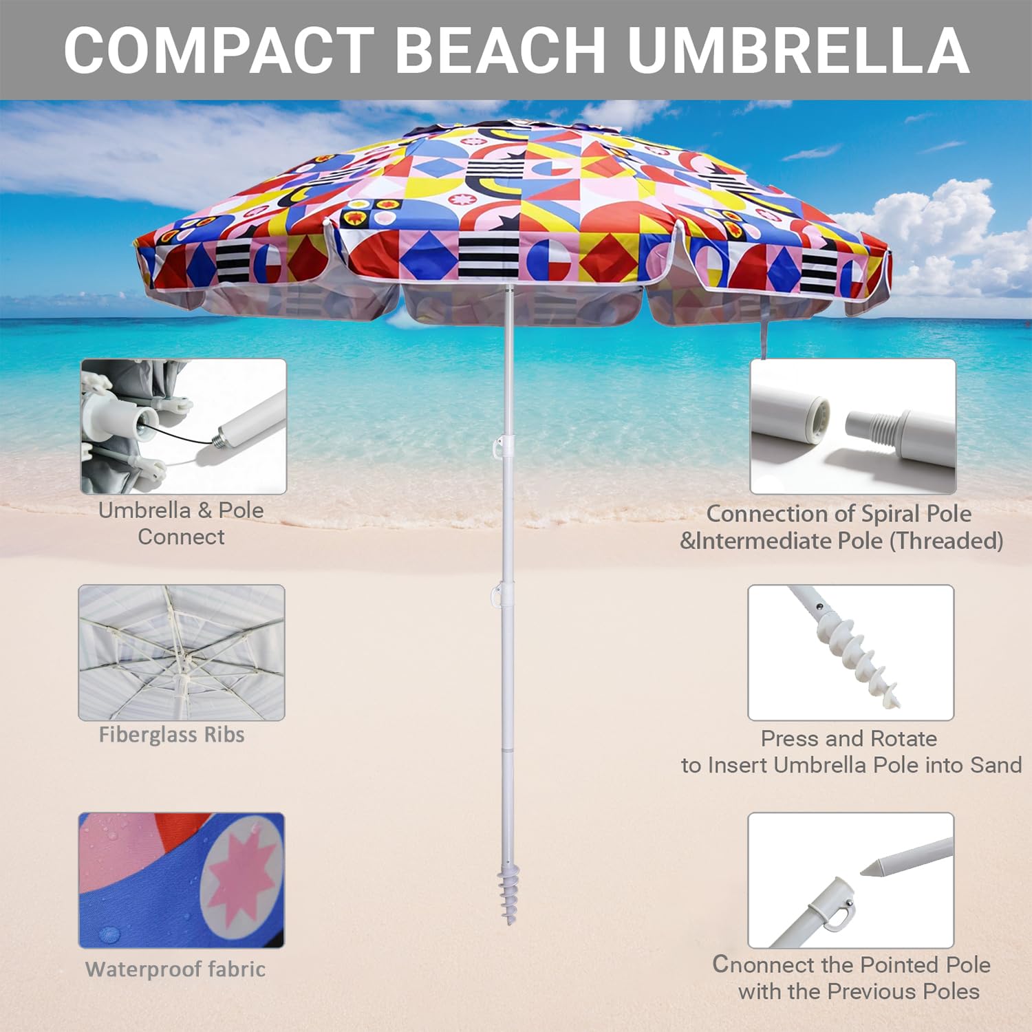 LOTTAFUN windproof 6ft beach umbrella maintains shade in windy conditions.