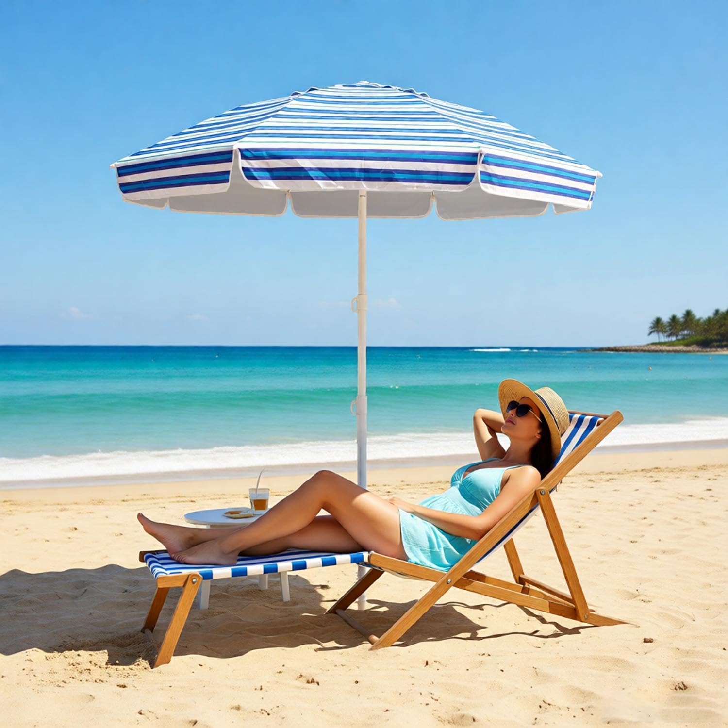 LOTTAFUN blue diagonal stripe umbrella boosts beach visibility and style.