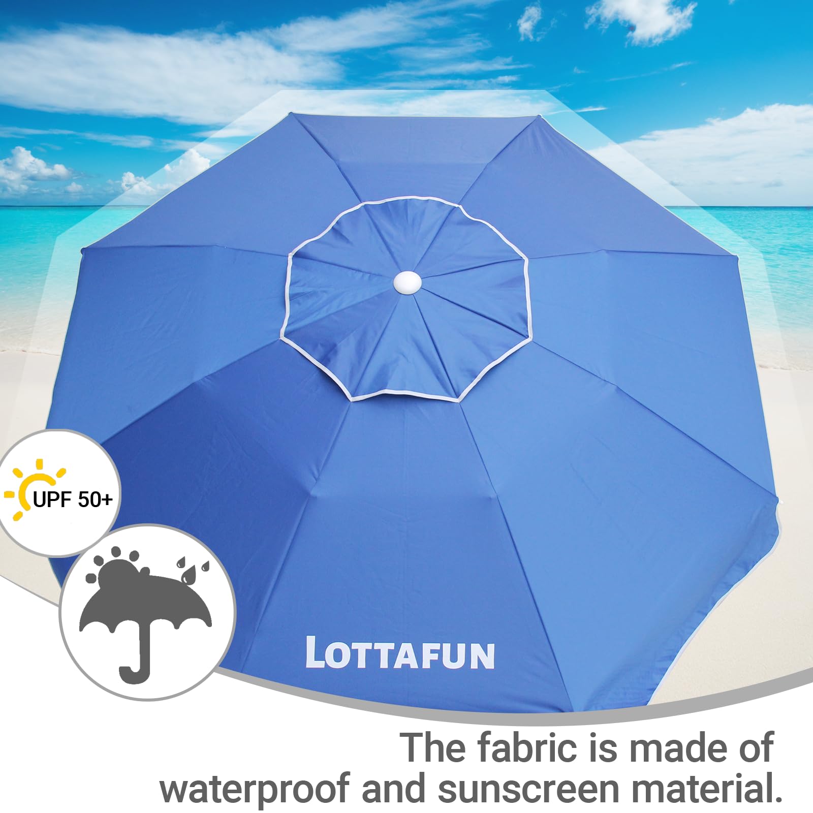 LOTTAFUN sand anchor kit secures the umbrella on sand or dirt for stability.