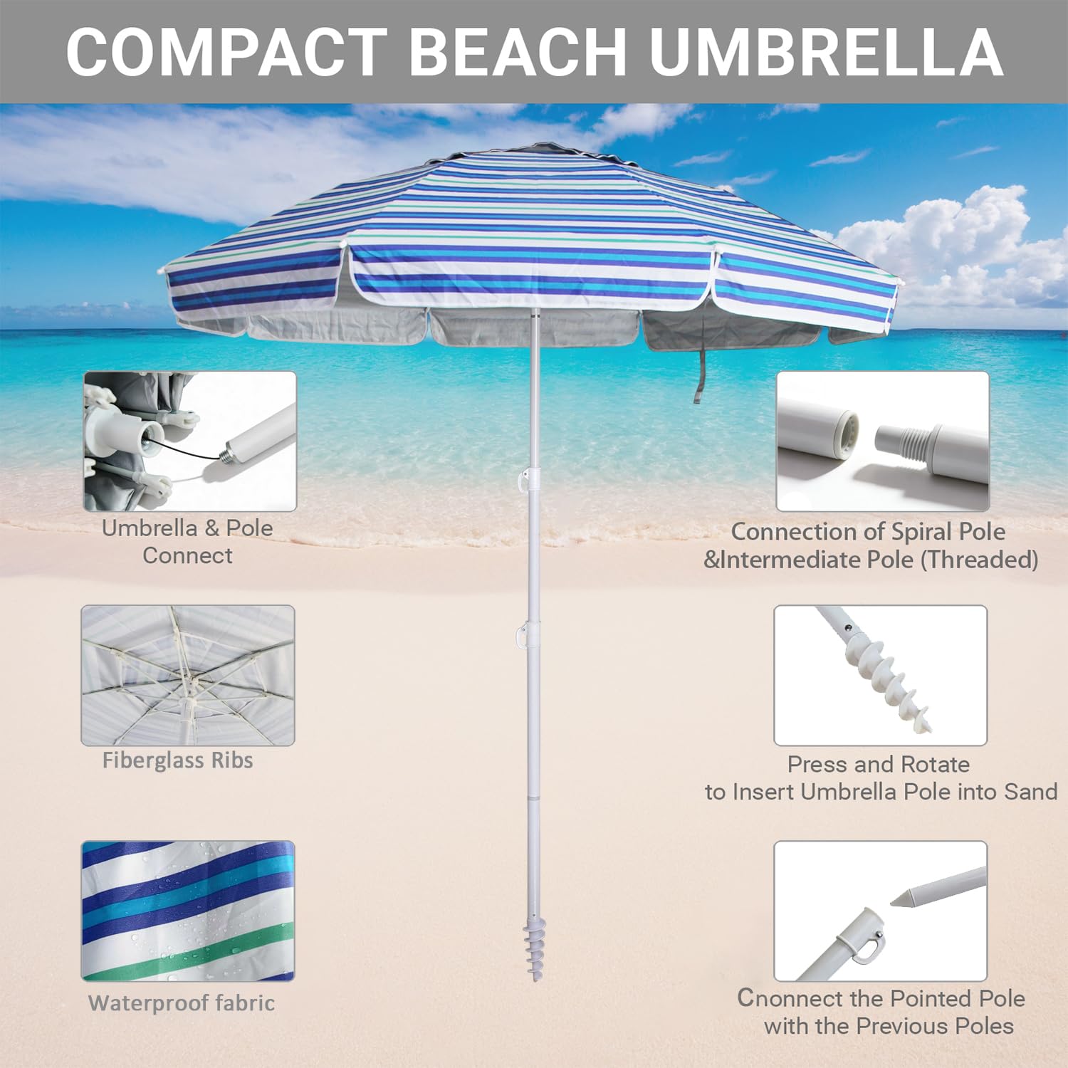 LOTTAFUN windproof design with sand anchor keeps the umbrella stable in gusty winds.