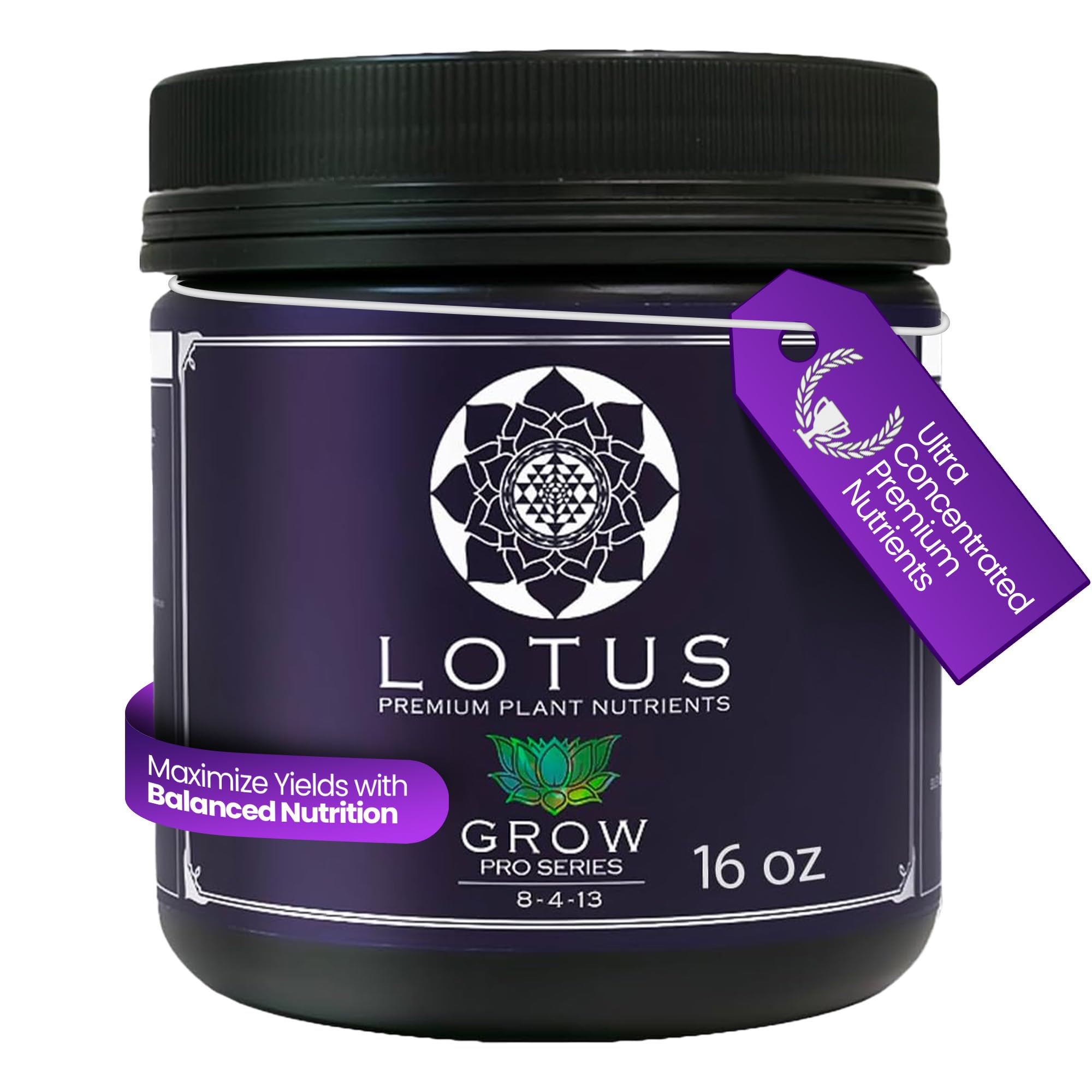 Lotus Nutrients Grow Pro Series bottle closeup, complete base nutrient for versatile grows