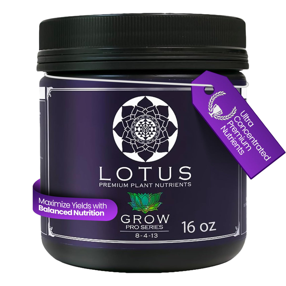 Lotus Nutrients Grow Pro Series bottle closeup, complete base nutrient for versatile grows