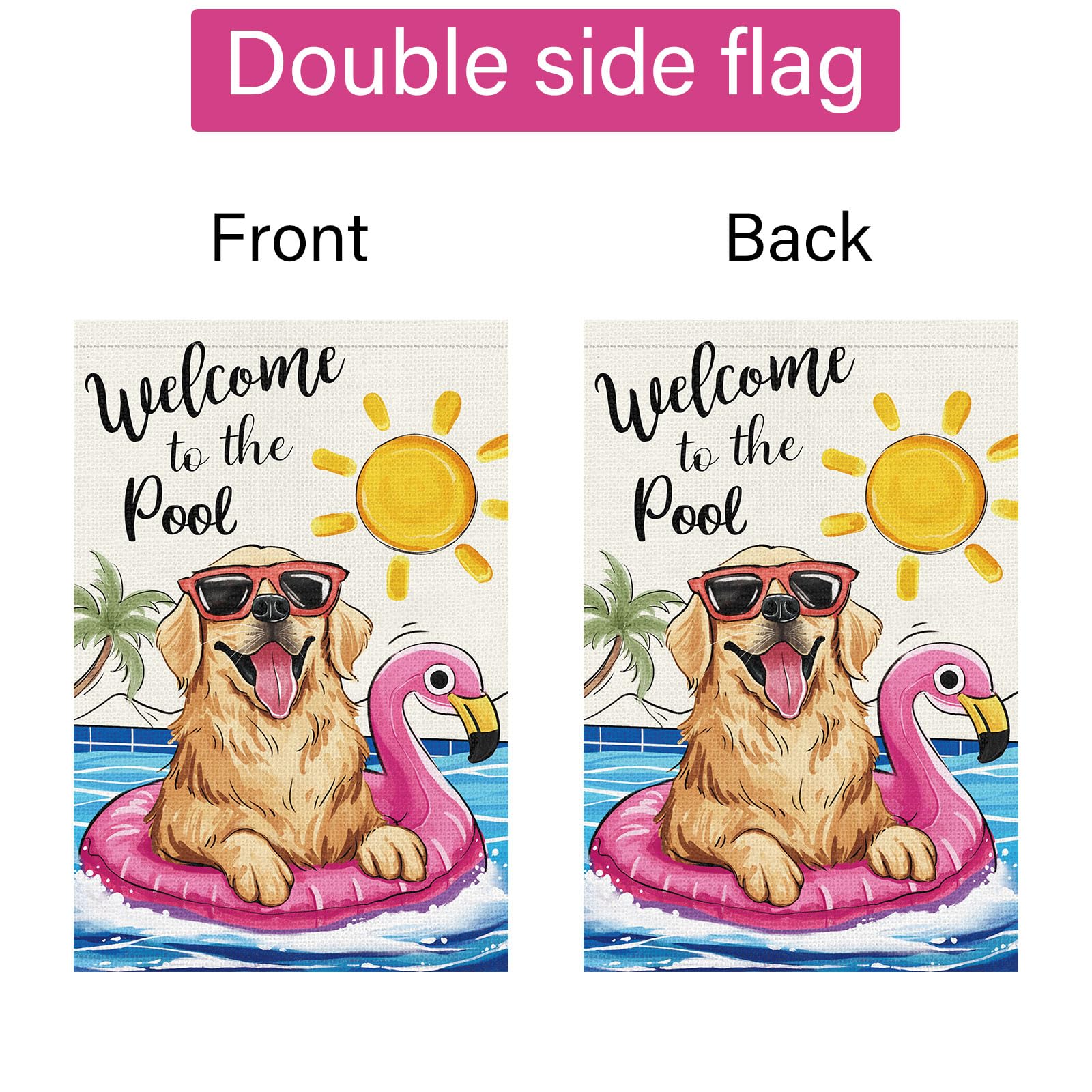 Louise Maelys bright colors endure sun and rain on outdoor flag.