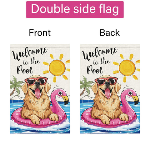 Louise Maelys bright colors endure sun and rain on outdoor flag.