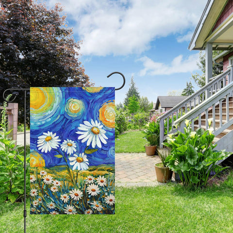 Louise Maelys burlap welcome flag featuring daisies, durable for year-round yard use.