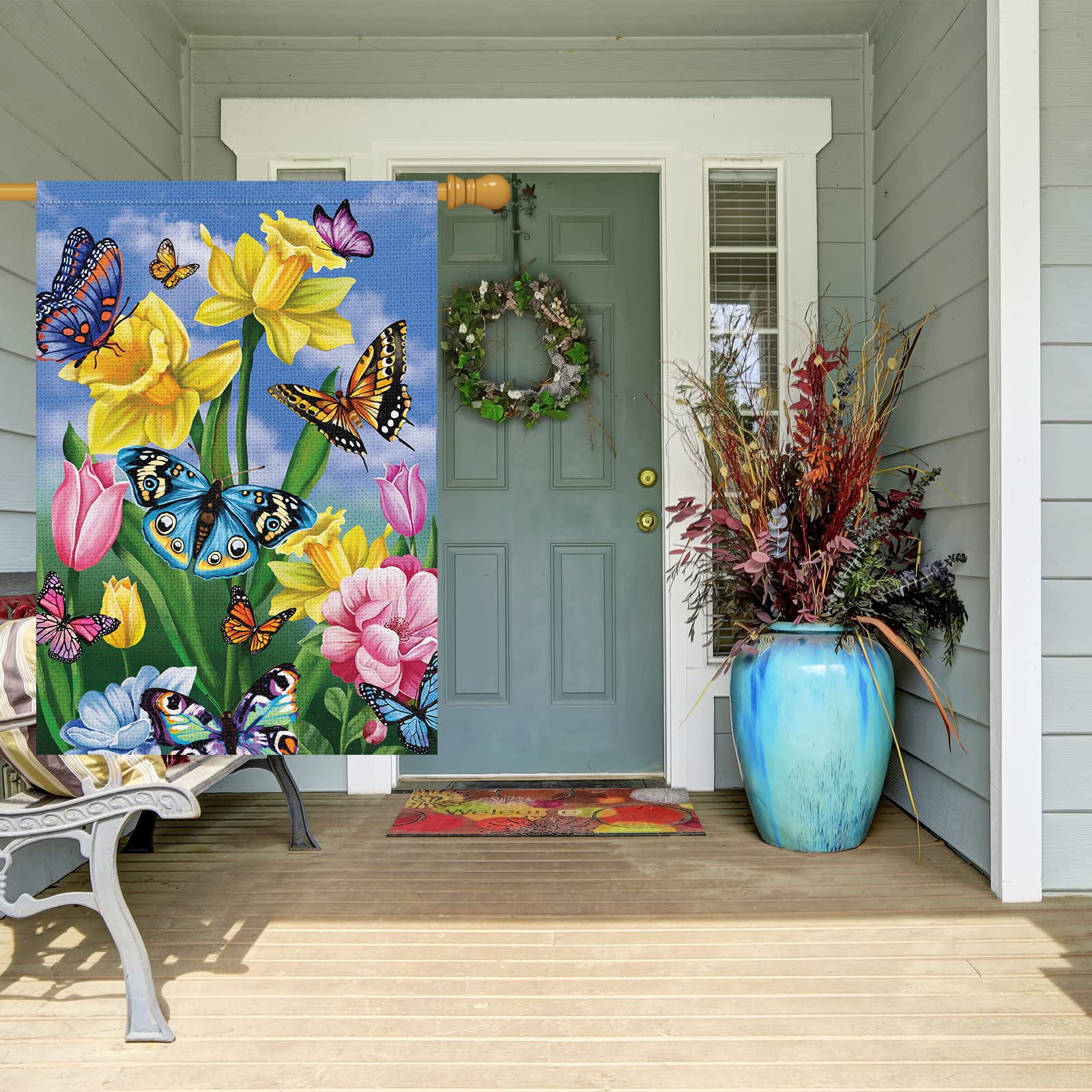 Louise Maelys Butterfly Floral Pattern Flag reads clearly from both sides.