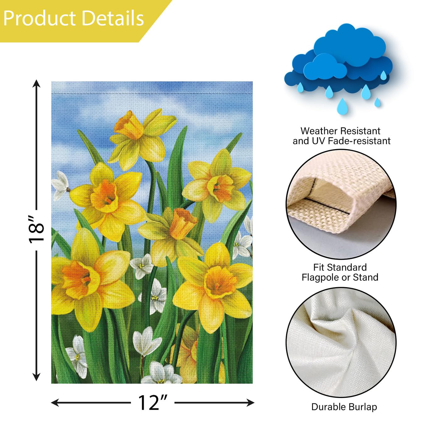 Louise Maelys spring floral flag showcases bright daffodils outdoors.