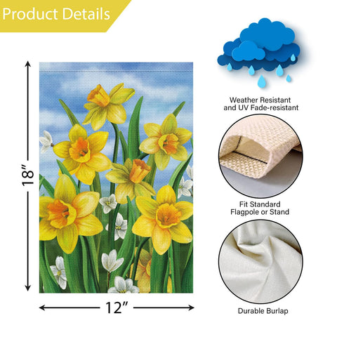 Louise Maelys spring floral flag showcases bright daffodils outdoors.
