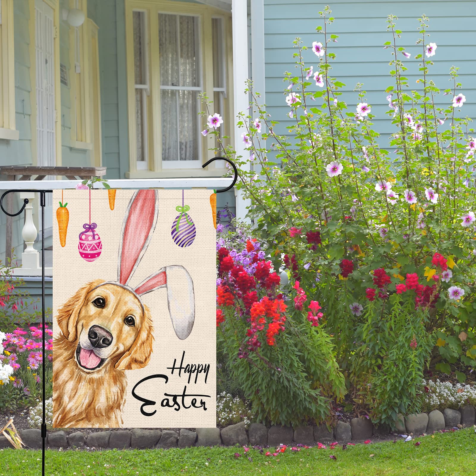Louise Maelys durable burlap flag withstands rain, snow, and sun for long lasting outdoor use