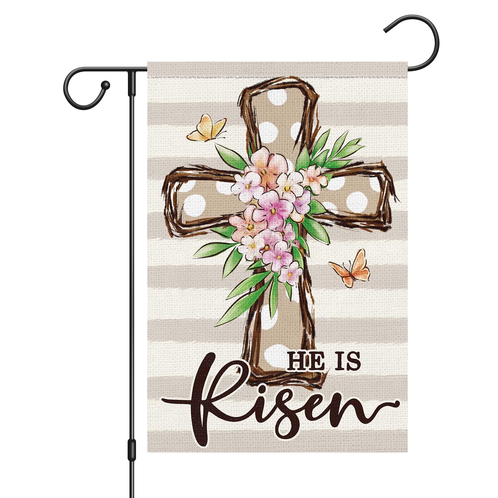 Louise Maelys Easter Cross Garden Flag burlap texture enhances rustic outdoor display.