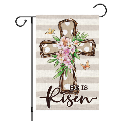 Louise Maelys Easter Cross Garden Flag burlap texture enhances rustic outdoor display.