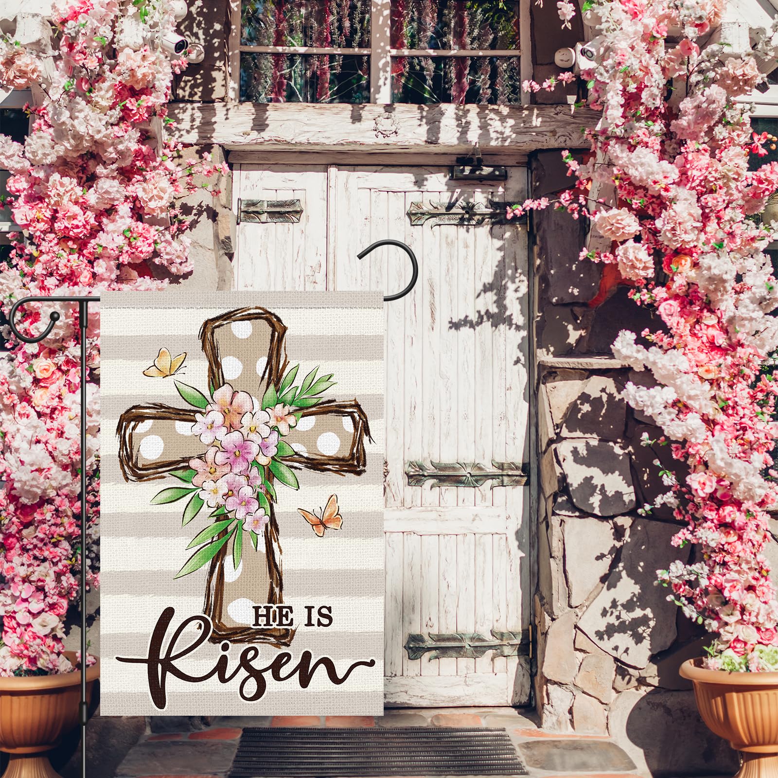 Louise Maelys Easter Cross Garden Flag double-sided design for visibility from both sides.