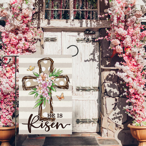 Louise Maelys Easter Cross Garden Flag double-sided design for visibility from both sides.