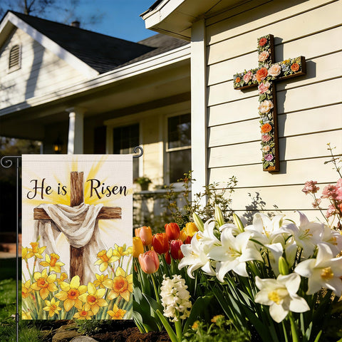 Louise Maelys Easter flag featuring double-sided printing for year-round garden visibility