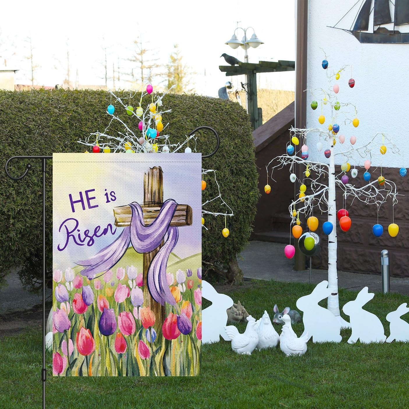 Louise Maelys Easter Garden Flag cross tulip design adds festive flair outdoors.