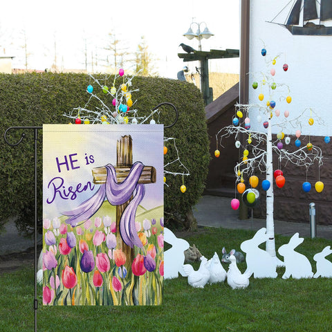 Louise Maelys Easter Garden Flag cross tulip design adds festive flair outdoors.