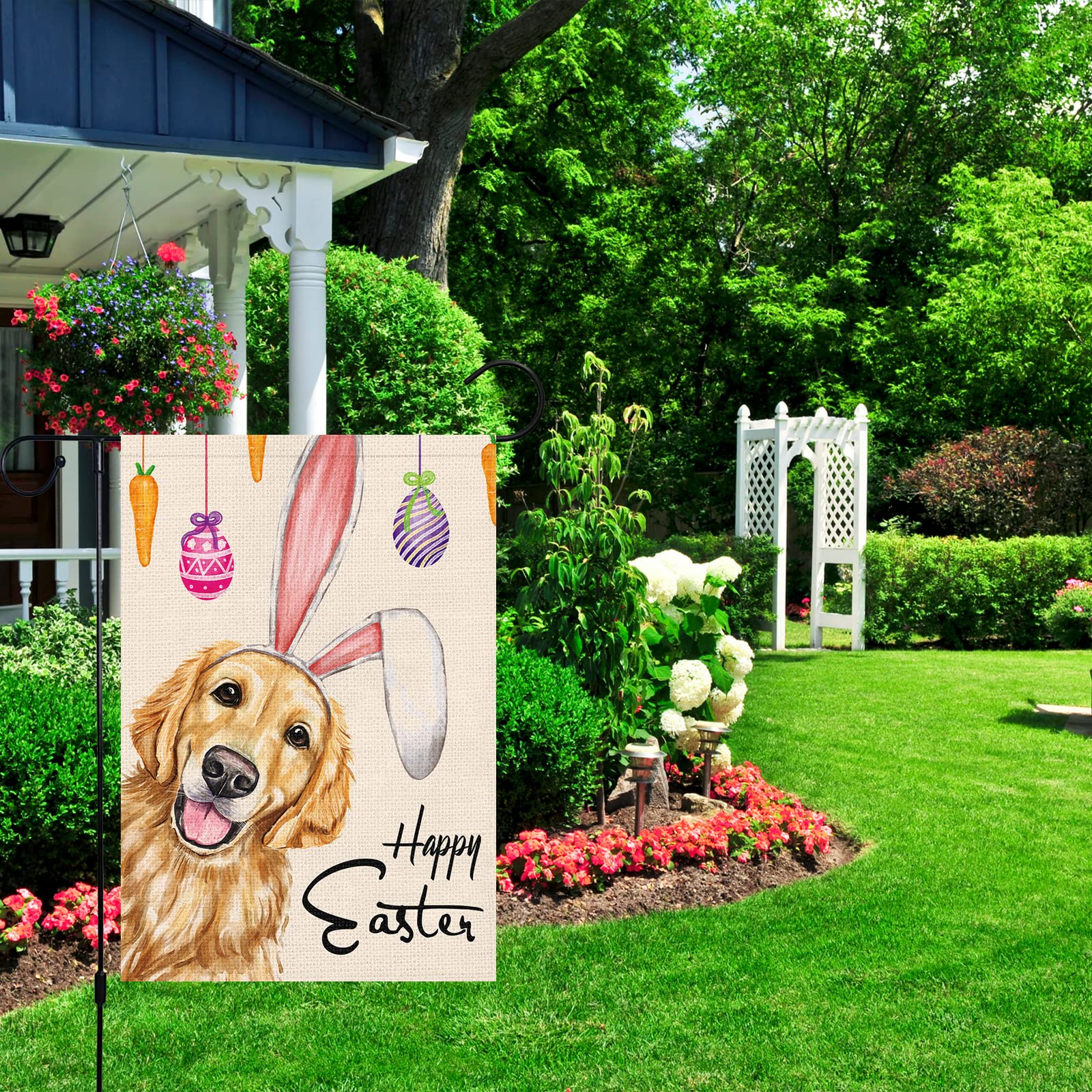 Louise Maelys garden flag prints on both sides for versatile viewing from any angle