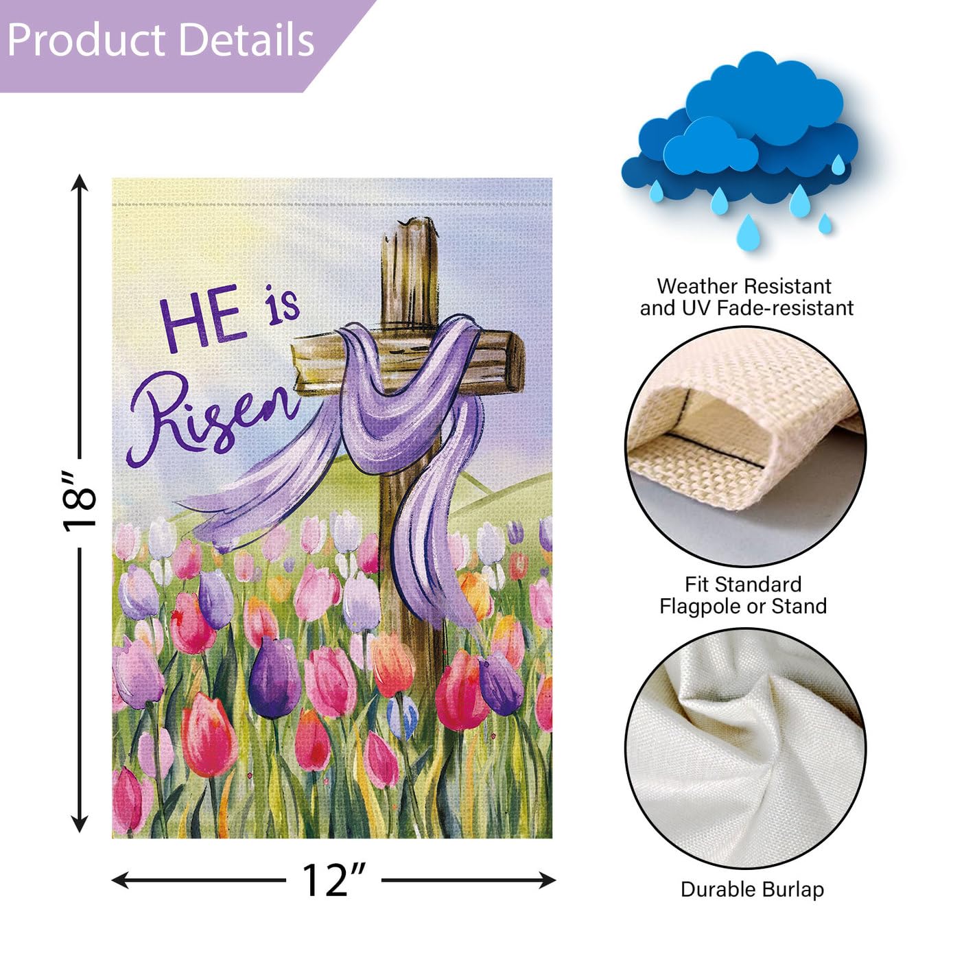 Louise Maelys Easter Garden Flag sleeve fits standard hanger or pole for easy display.