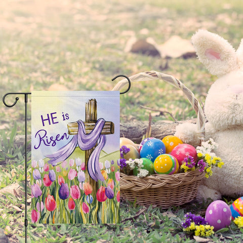 Louise Maelys Easter Garden Flag weather durable burlap withstands rain outdoors.