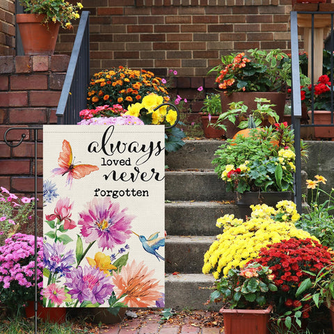 Louise Maelys floral hummingbird flag designed for garden remembrance visible from any angle.