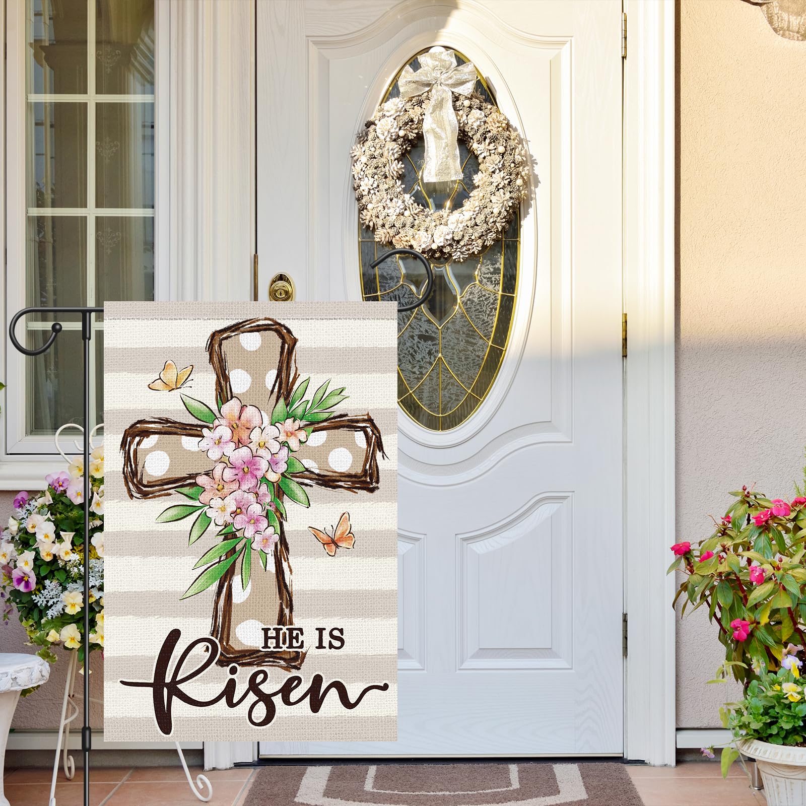 Louise Maelys Garden Flag with Easter floral motif ideal porch and yard decor.