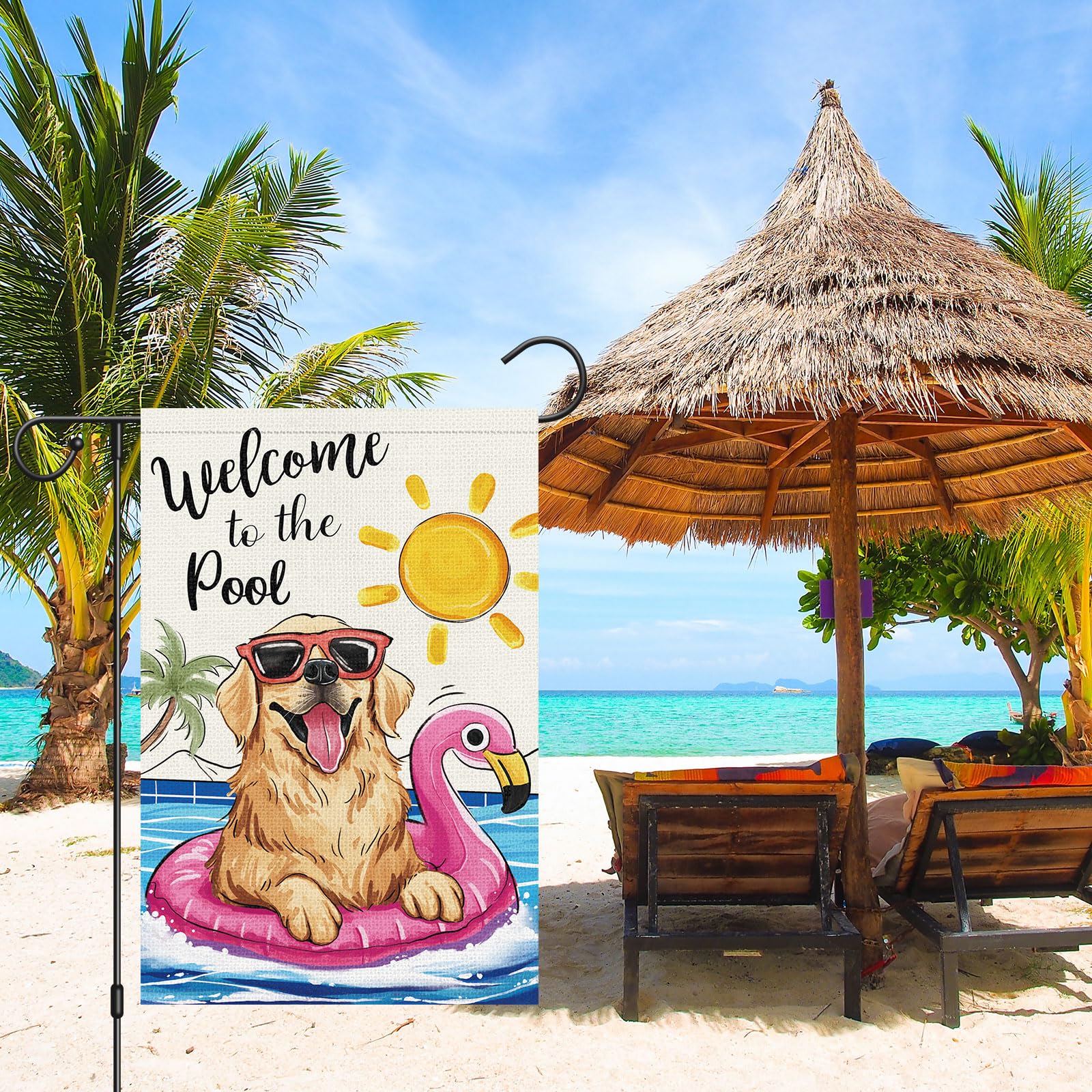 Louise Maelys golden retriever pool flag showcases playful poolside charm.