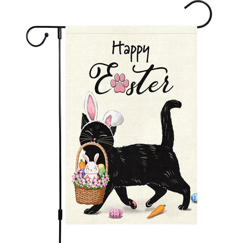 Louise Maelys Easter flag with cat and bunny on burlap for rustic outdoor welcome